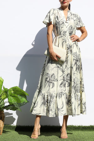 DD8154, PRINTED V NECK MIDI DRESS