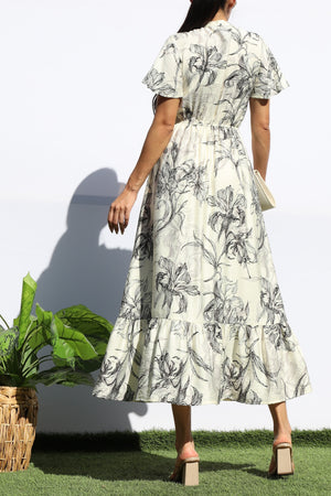 DD8154, PRINTED V NECK MIDI DRESS
