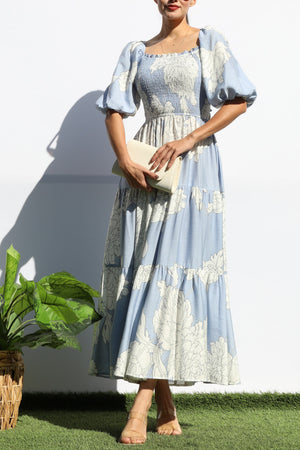 DD8165, FLORAL SMOCKED TOP TIERED MIDI DRESS