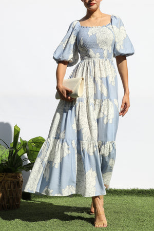 DD8165, FLORAL SMOCKED TOP TIERED MIDI DRESS