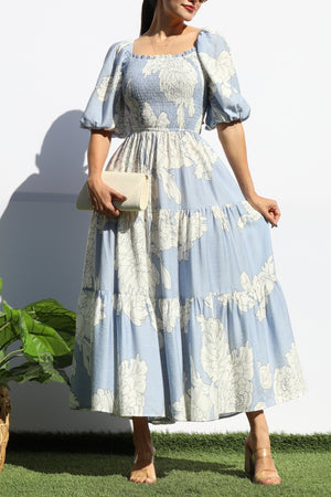 DD8165, FLORAL SMOCKED TOP TIERED MIDI DRESS