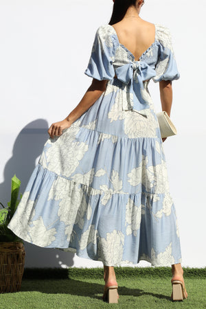 DD8165, FLORAL SMOCKED TOP TIERED MIDI DRESS