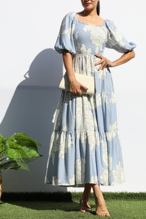 DD8165, FLORAL SMOCKED TOP TIERED MIDI DRESS