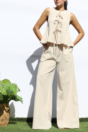 DD8158, RIBBON TIE WOVEN TOP AND PANTS SET