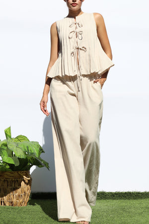 DD8158, RIBBON TIE WOVEN TOP AND PANTS SET