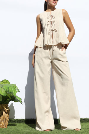 DD8158, RIBBON TIE WOVEN TOP AND PANTS SET