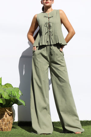 DD8158, RIBBON TIE WOVEN TOP AND PANTS SET