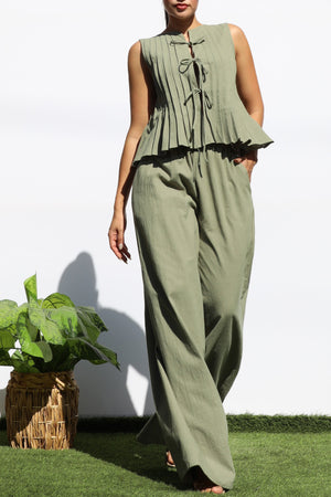 DD8158, RIBBON TIE WOVEN TOP AND PANTS SET