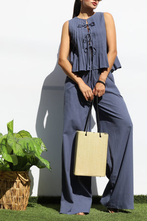 DD8158, RIBBON TIE WOVEN TOP AND PANTS SET