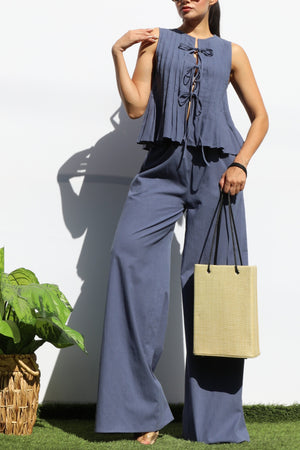 DD8158, RIBBON TIE WOVEN TOP AND PANTS SET