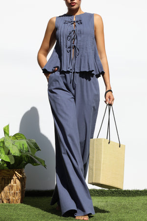 DD8158, RIBBON TIE WOVEN TOP AND PANTS SET