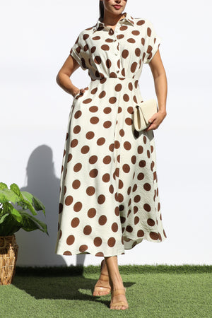 DD7881, POLKA DOT BUTTON DOWN MIDI DRESS