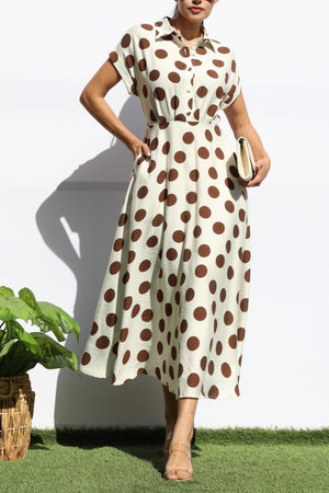 DD7881, POLKA DOT BUTTON DOWN MIDI DRESS