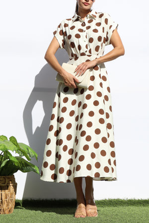 DD7881, POLKA DOT BUTTON DOWN MIDI DRESS