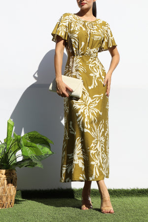 DD8150, FLORAL RUCHED NECK MIDI DRESS