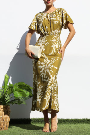 DD8150, FLORAL RUCHED NECK MIDI DRESS