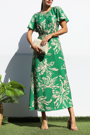 DD8150, FLORAL RUCHED NECK MIDI DRESS