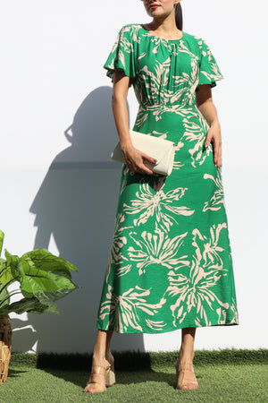 DD8150, FLORAL RUCHED NECK MIDI DRESS