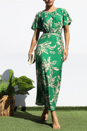 DD8150, FLORAL RUCHED NECK MIDI DRESS