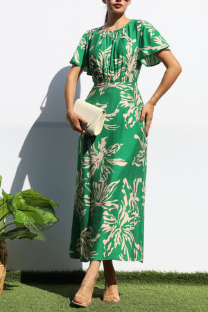 DD8150, FLORAL RUCHED NECK MIDI DRESS