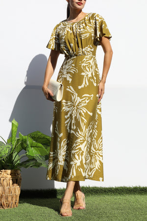 DD8150, FLORAL RUCHED NECK MIDI DRESS