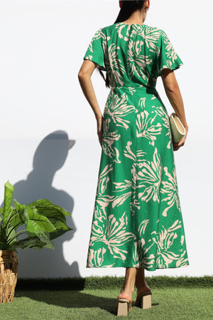 DD8150, FLORAL RUCHED NECK MIDI DRESS