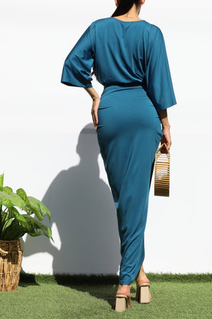 DD1236, VENETIAN V NECK RUCHED BODYCON DRESS