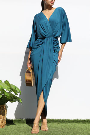 DD1236, VENETIAN V NECK RUCHED BODYCON DRESS