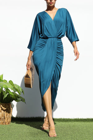 DD1236, VENETIAN V NECK RUCHED BODYCON DRESS