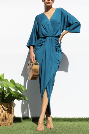 DD1236, VENETIAN V NECK RUCHED BODYCON DRESS