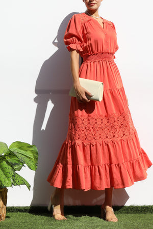 DD8101, LACE BUTTON DOWN TIERED MIDI DRESS