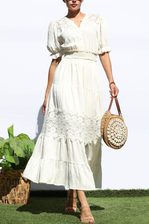DD8101, LACE BUTTON DOWN TIERED MIDI DRESS