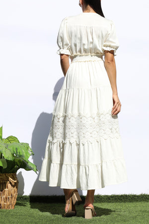 DD8101, LACE BUTTON DOWN TIERED MIDI DRESS