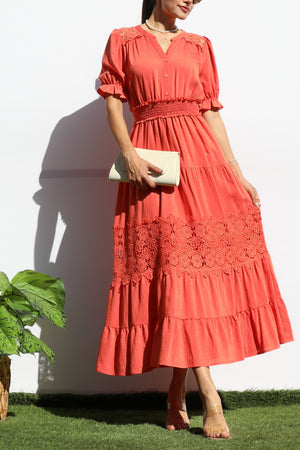 DD8101, LACE BUTTON DOWN TIERED MIDI DRESS