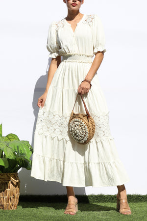 DD8101, LACE BUTTON DOWN TIERED MIDI DRESS