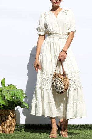 DD8101, LACE BUTTON DOWN TIERED MIDI DRESS