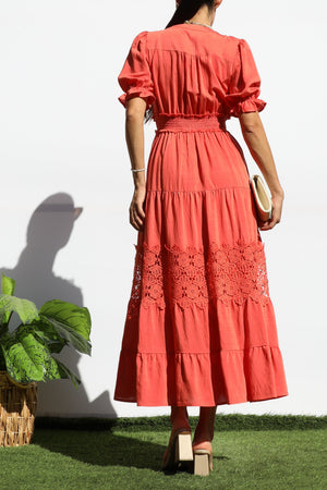 DD8101, LACE BUTTON DOWN TIERED MIDI DRESS