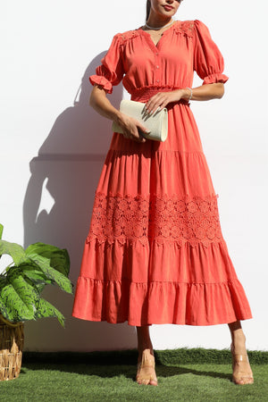 DD8101, LACE BUTTON DOWN TIERED MIDI DRESS