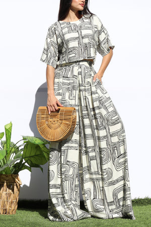 DD8146, PRINTED LOOSE FIT TOP AND FLARE-LEG PANTS SET
