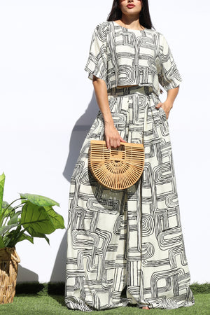 DD8146, PRINTED LOOSE FIT TOP AND FLARE-LEG PANTS SET