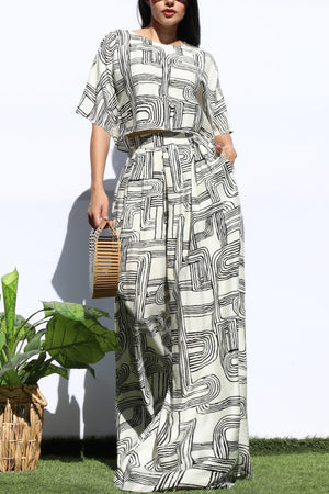 DD8146, PRINTED LOOSE FIT TOP AND FLARE-LEG PANTS SET