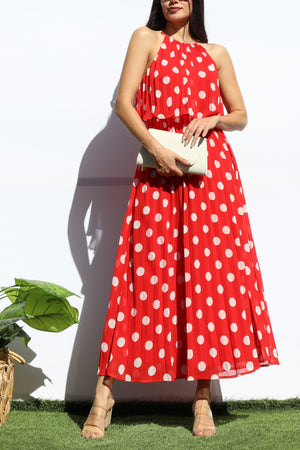 DD7867, PLEATED SLEEVELESS FLARED MIDI DRESS