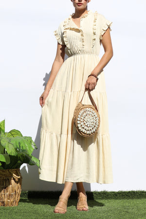 DD7920, RUFFLED LOOSE FIT TIERED MIDI DRESS