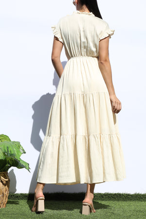 DD7920, RUFFLED LOOSE FIT TIERED MIDI DRESS