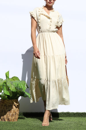 DD7920, RUFFLED LOOSE FIT TIERED MIDI DRESS