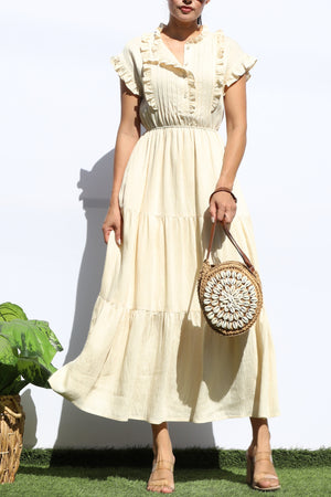 DD7920, RUFFLED LOOSE FIT TIERED MIDI DRESS