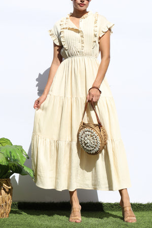 DD7920, RUFFLED LOOSE FIT TIERED MIDI DRESS