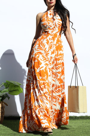 DD8143, FLORAL HALTER NECK MAXI DRESSES