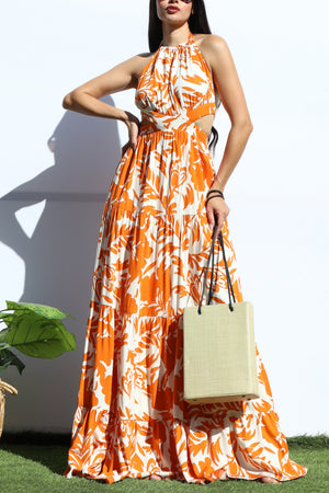 DD8143, FLORAL HALTER NECK MAXI DRESSES