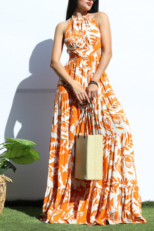 DD8143, FLORAL HALTER NECK MAXI DRESSES